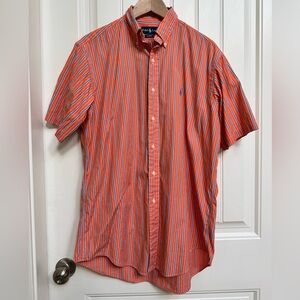 Ralph Lauren Orange and Blue Striped Short Sleeve Classic Fit Button Down. M